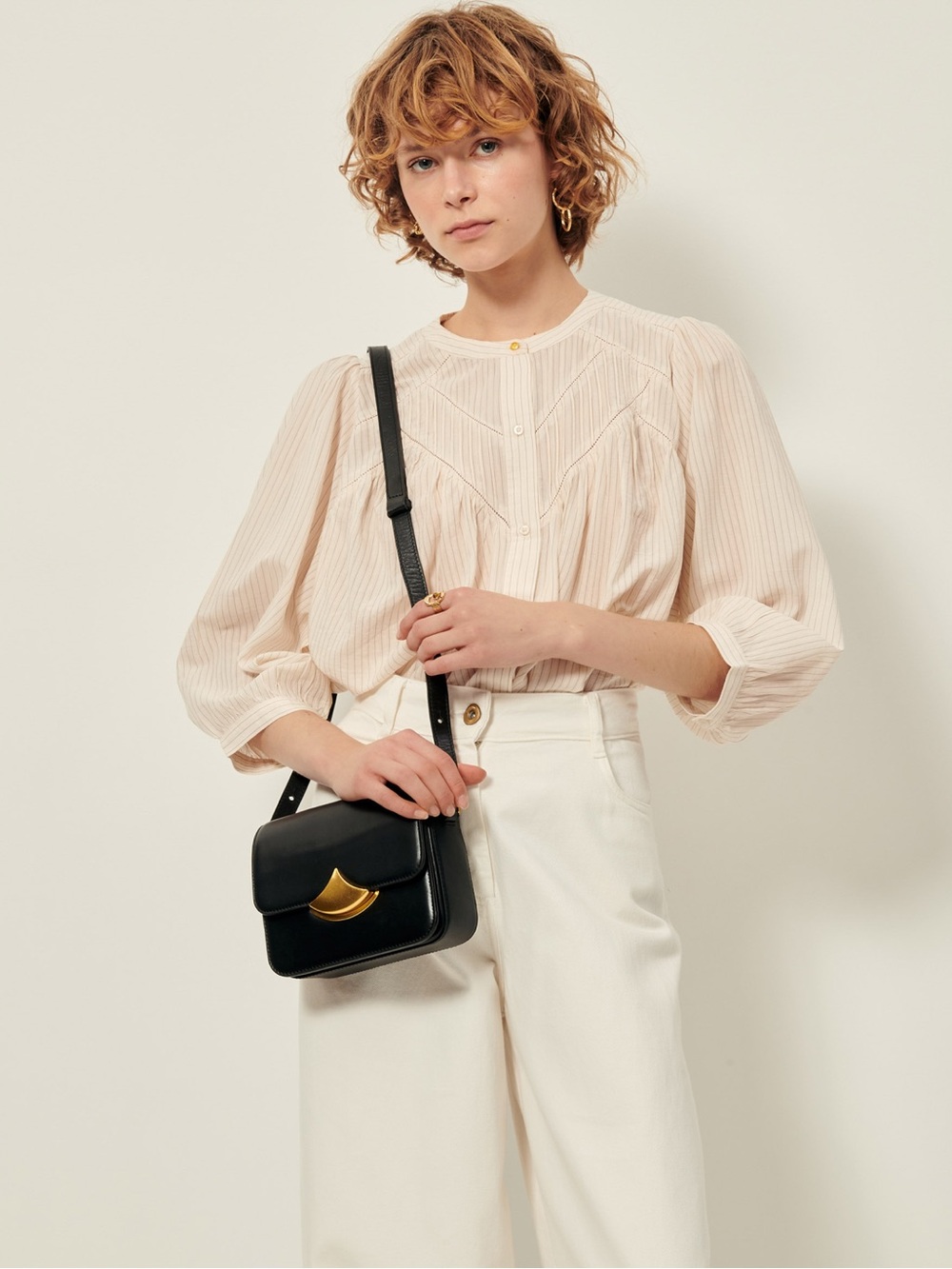 Sessun Savi Balloon Puff Sleeve Button-Up Cream Ivory Blouse Xs/Small Oversized